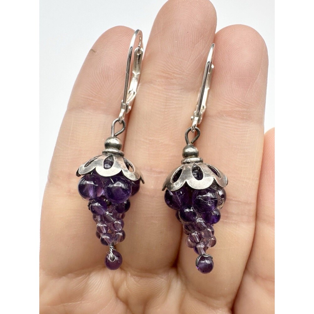 925 Sterling Silver Natural Amethyst Grape Cluster Drop Earring Lever Back